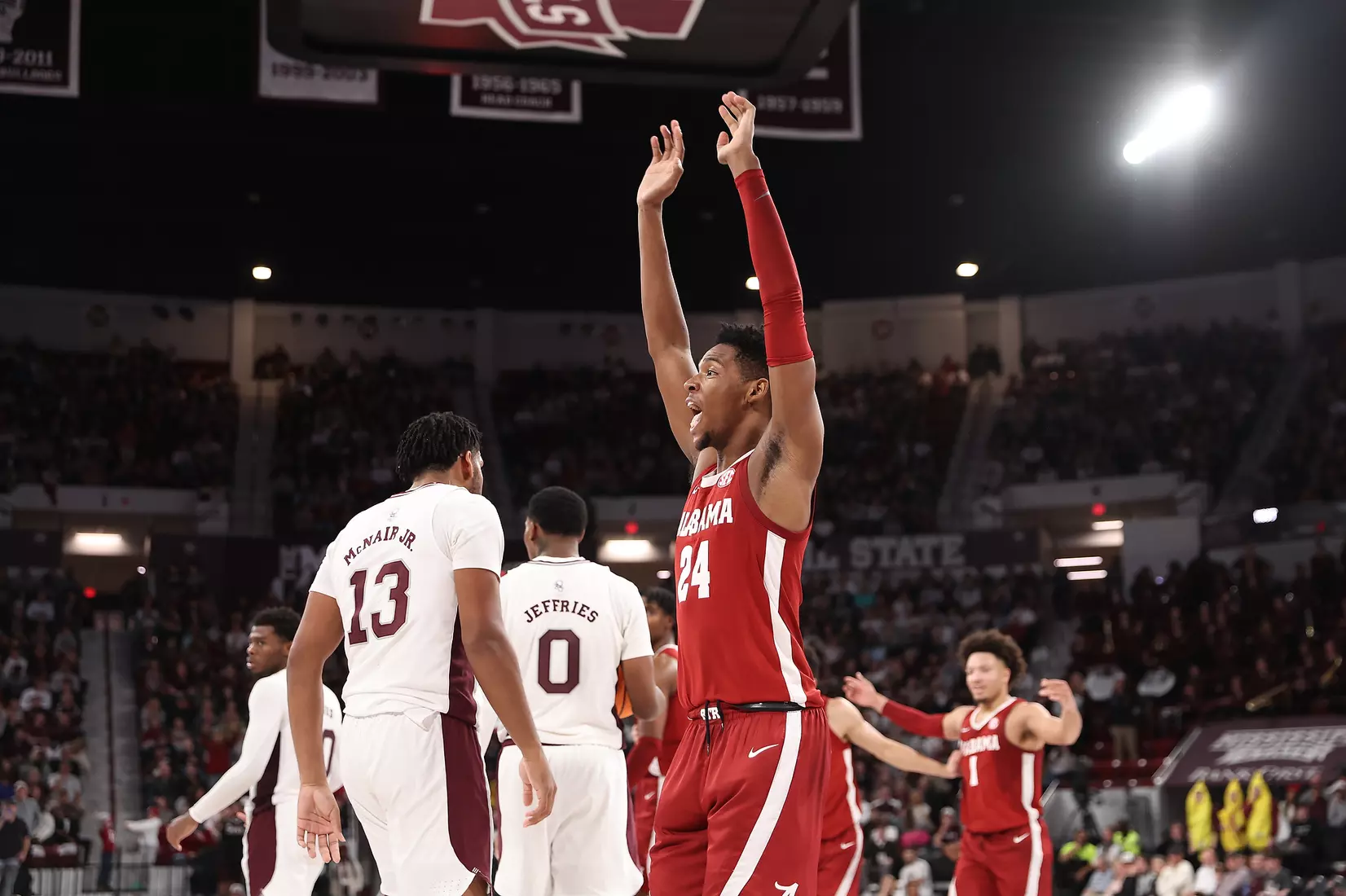 Alabama Forward Brandon Miller (24) reacts against Mississippi State at Humphrey Coliseum in Starkville, MS on Wednesday, Dec 28, 2022.