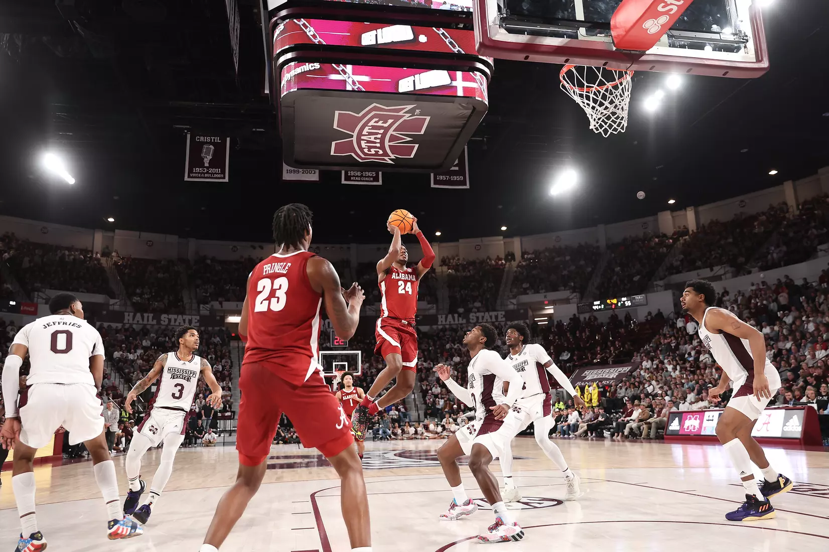 Alabama Forward Brandon Miller (24) shoots the ball against Mississippi State at Humphrey Coliseum in Starkville, MS on Wednesday, Dec 28, 2022.
