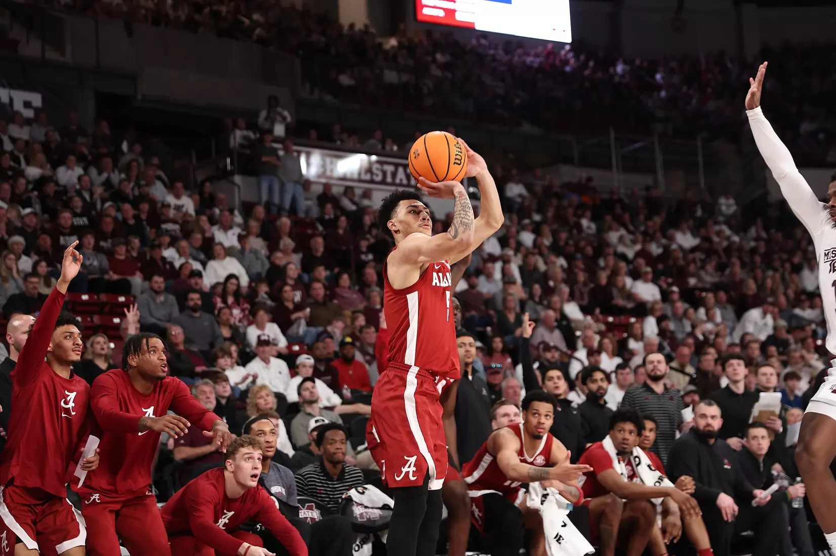 Alabama Guard Jahvon Quinerly (5) shoots a three against Mississippi State at Humphrey Coliseum in Starkville, MS on Wednesday, Dec 28, 2022.