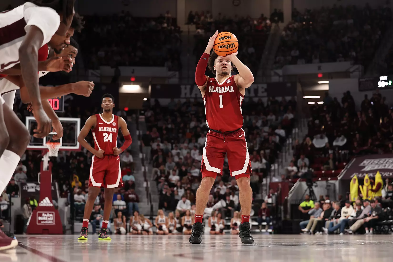 Alabama Guard Mark Sears (1) shoots a free throw against Mississippi State at Humphrey Coliseum in Starkville, MS on Wednesday, Dec 28, 2022.