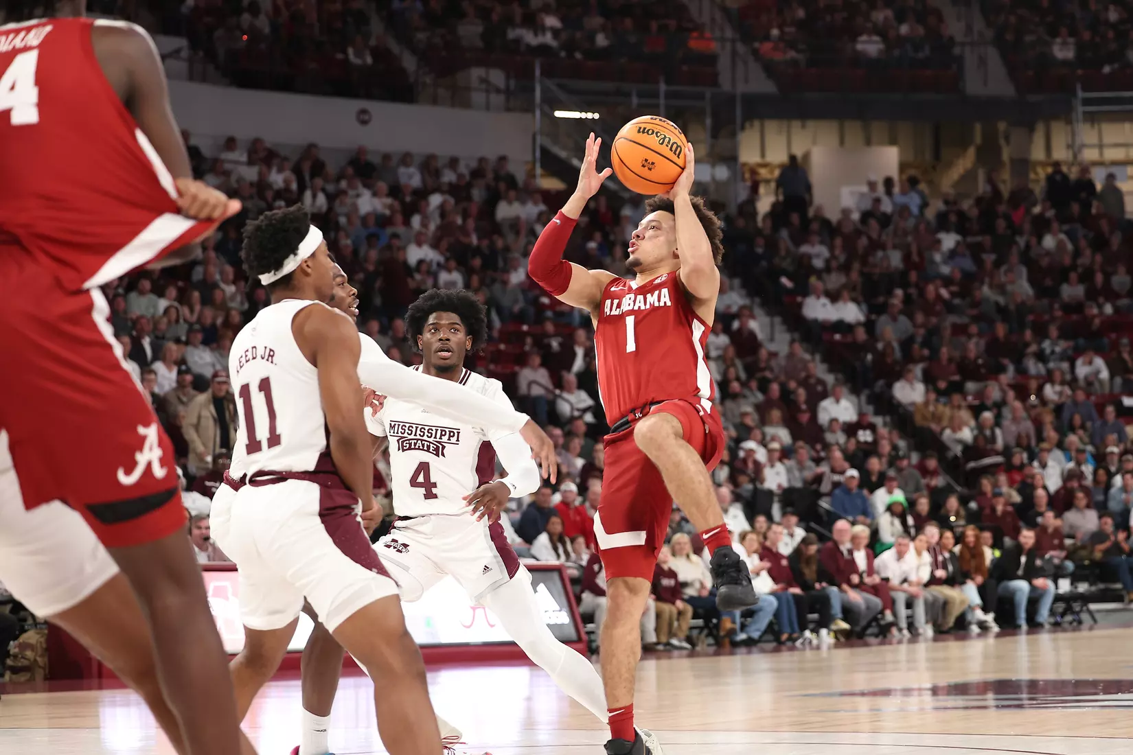 Alabama Guard Mark Sears (1) takes a shot against Mississippi State at Humphrey Coliseum in Starkville, MS on Wednesday, Dec 28, 2022.