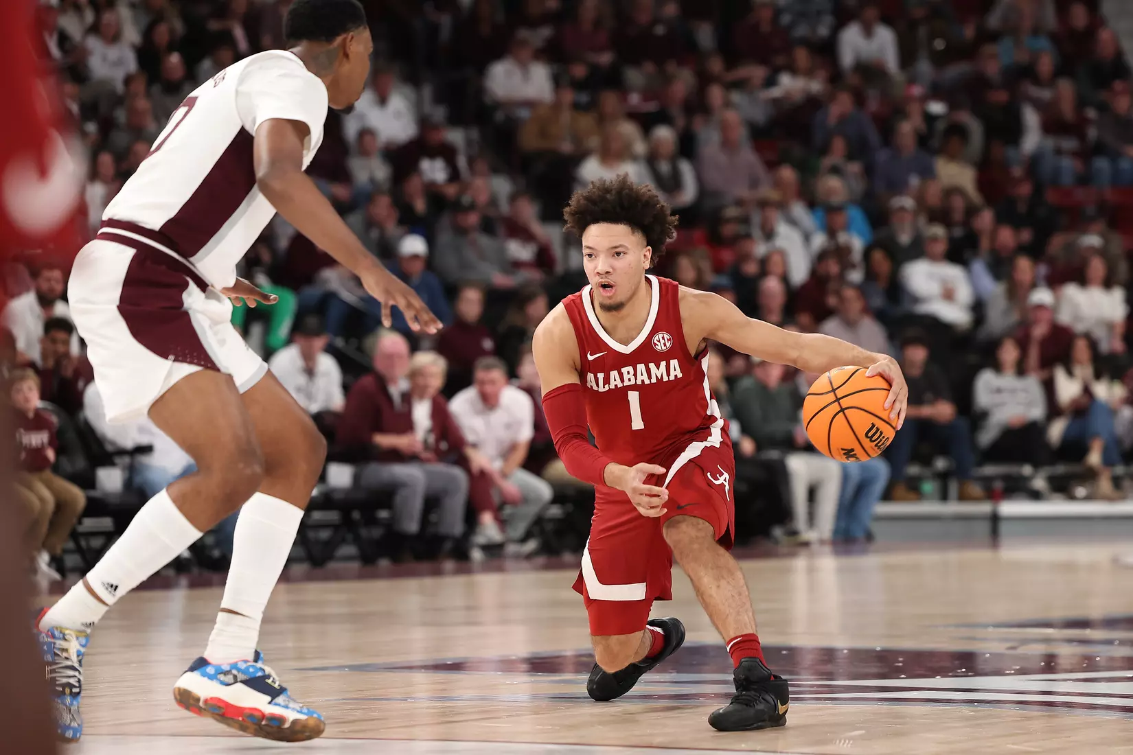 Alabama Guard Mark Sears (1) dribbles the ball against Mississippi State at Humphrey Coliseum in Starkville, MS on Wednesday, Dec 28, 2022.