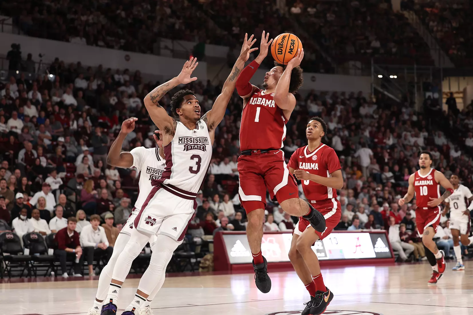Alabama Guard Mark Sears (1) shoots the ball against Mississippi State at Humphrey Coliseum in Starkville, MS on Wednesday, Dec 28, 2022.