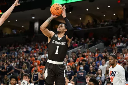 Dominick Welch, transfer from St. Bonaventure, shoots a jumper at NIT semis vs. Xavier