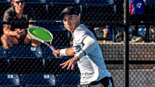 Filip Planinsek hits the ball at the NCAA Championships