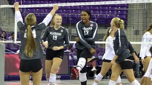 Alabama volleyball celebrates a kill vs. Texas State
