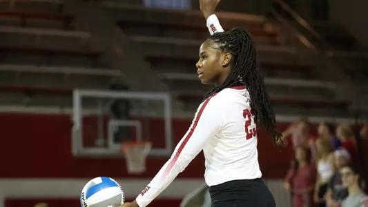 Alabama volleyball player Chaise Campbell serves the ball.