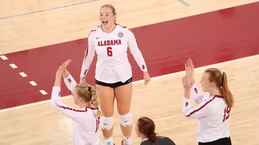 Alabama volleyball player Abby Marjama celebrating a point.