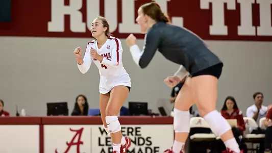 Alabama volleyball player Katie Shook celebrating a point.