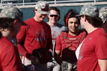 Alabama baseball player Dominic Tamez (3) laugh during practice at Sewell-Thomas Stadium in Tuscaloosa, AL on Friday, Jan 27, 2023.