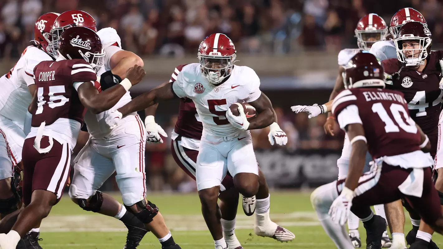 Alabama running back Roydell Williams (5) runs the ball against Mississippi State at Davis Wade Stadium in Starkville, MS on Saturday, Sep 30, 2023.