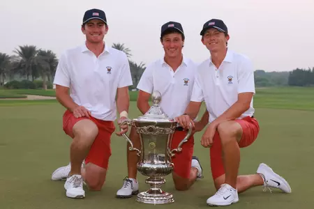 Nick Dunlap poses with Team USA teammates after winning the Eisenhower Trophy