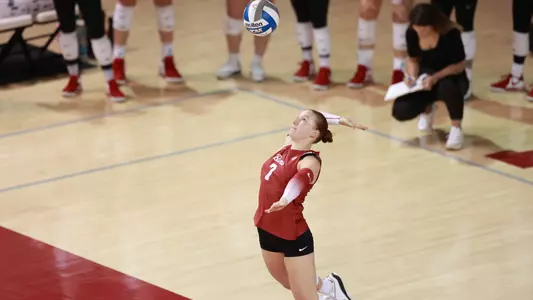 Victoria Schmer serves the ball.