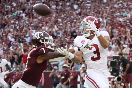 Alabama wide receiver Jermaine Burton (3) scores a touchdown against Texas A&M at Kyle Field in College Station, TX on Saturday, Oct 7, 2023.