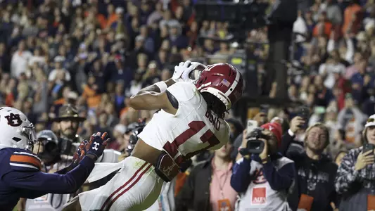 Alabama wide receiver Isaiah Bond (17) catches the ball against Auburn at Jordan-Hare Stadium in Auburn, AL on Saturday, Nov 25, 2023.
