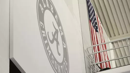 Circle A logo engraved on the wall of the Alabama Aquatics Center
