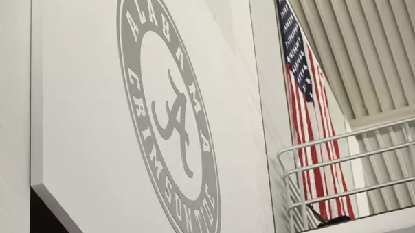 Circle A logo engraved on the wall of the Alabama Aquatics Center