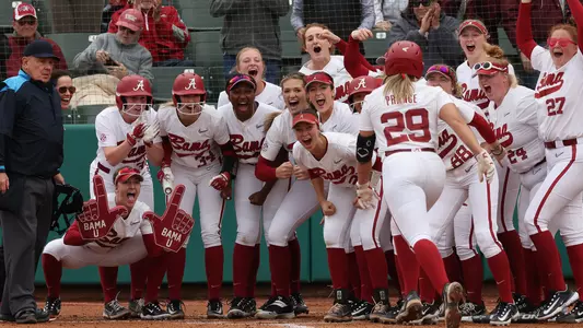 Alabama softball celebrates an Ashley Prange home run vs. Lehigh (Feb. 10, 2023)
