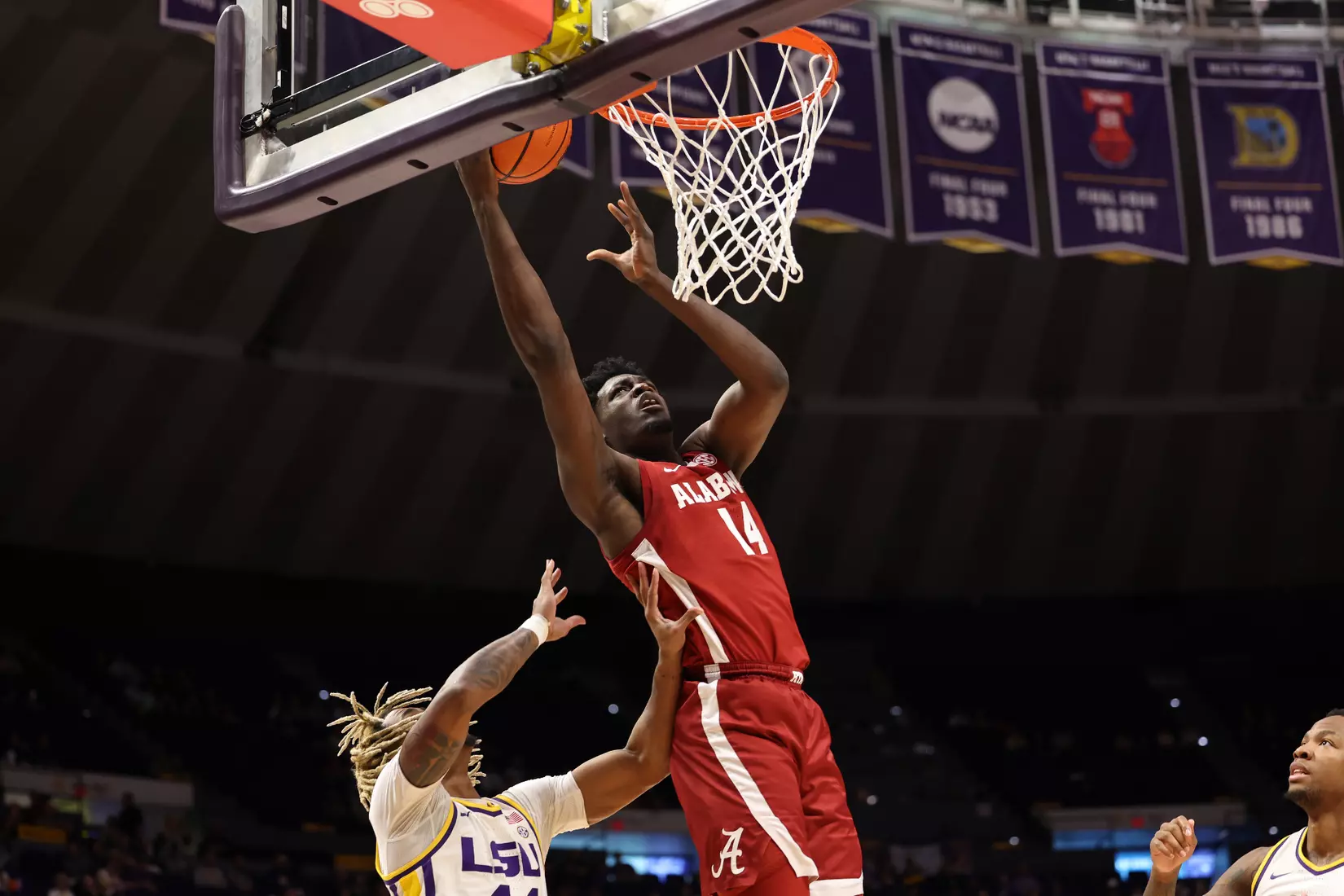 Alabama Center Charles Bediako (14) shoots a layup against LSU at Pete Maravich Center in Tuscaloosa, AL on Saturday, Feb 4, 2023.