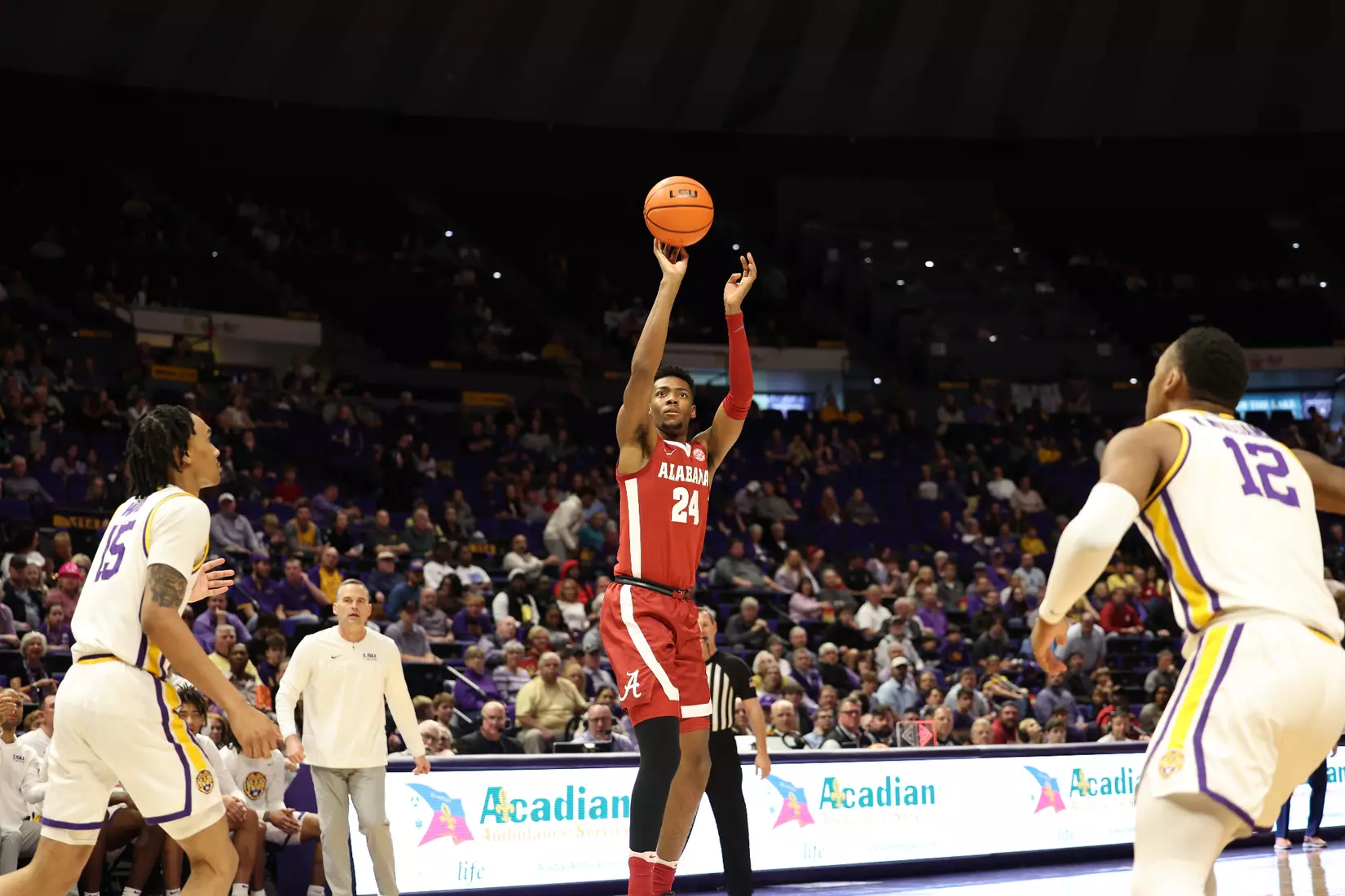 Alabama Forward Brandon Miller (24) shoots a three against LSU at Pete Maravich Center in Tuscaloosa, AL on Saturday, Feb 4, 2023.