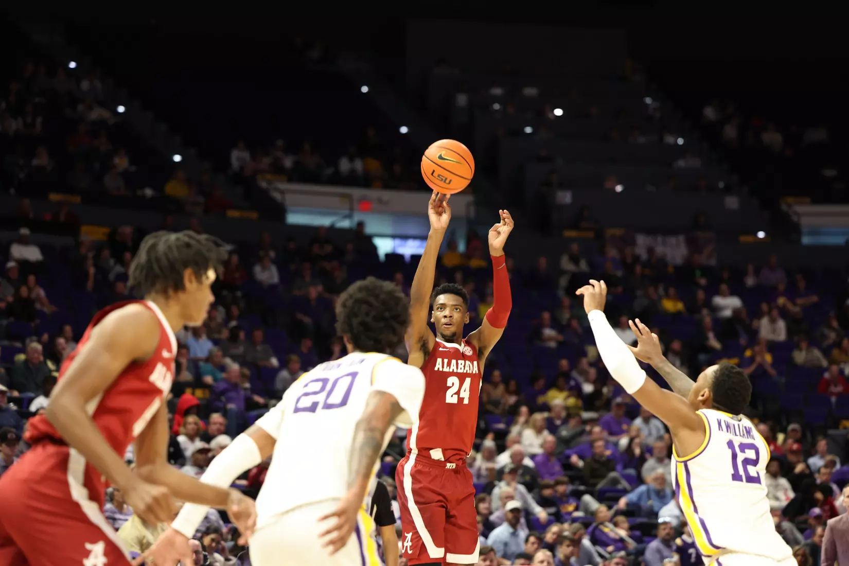 Alabama Forward Brandon Miller (24) shoots a three against LSU at Pete Maravich Center in Tuscaloosa, AL on Saturday, Feb 4, 2023.
