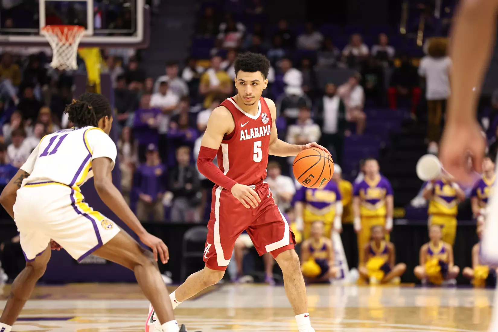 Alabama Guard Jahvon Quinerly (5) dribbles the ball against LSU at Pete Maravich Center in Tuscaloosa, AL on Saturday, Feb 4, 2023.