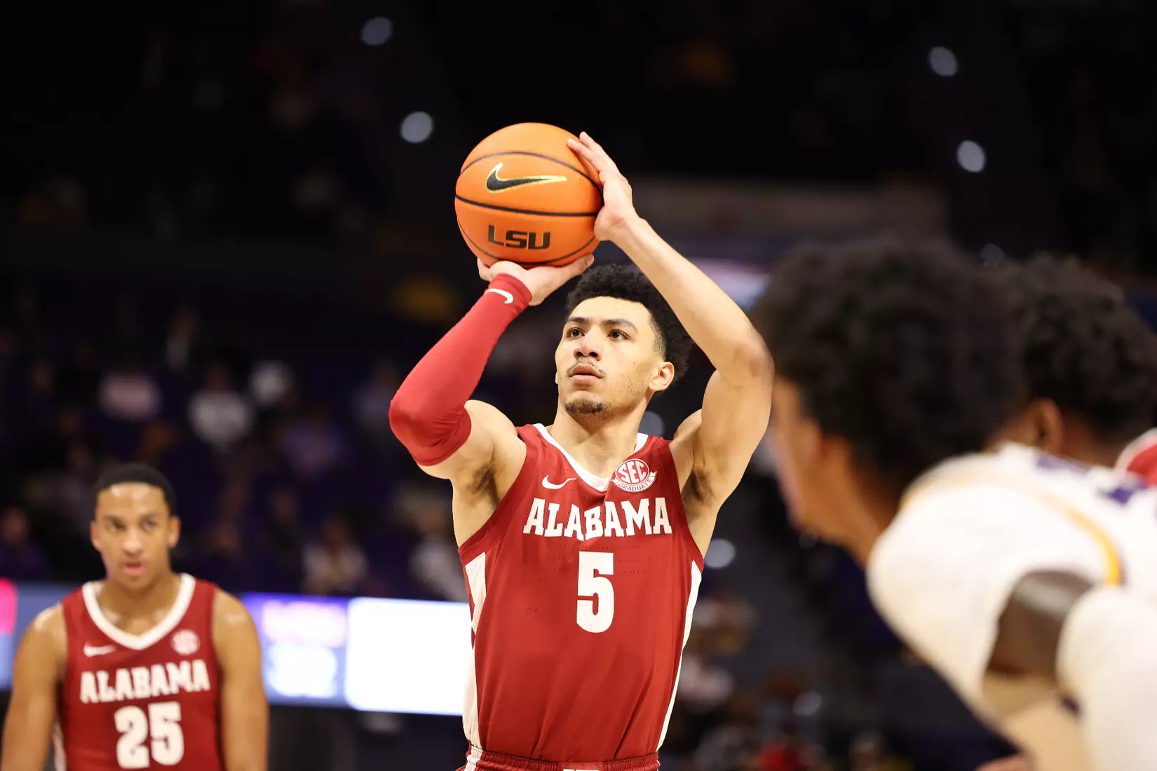 Alabama Guard Jahvon Quinerly (5) shoots a free throw against LSU at Pete Maravich Center in Tuscaloosa, AL on Saturday, Feb 4, 2023.