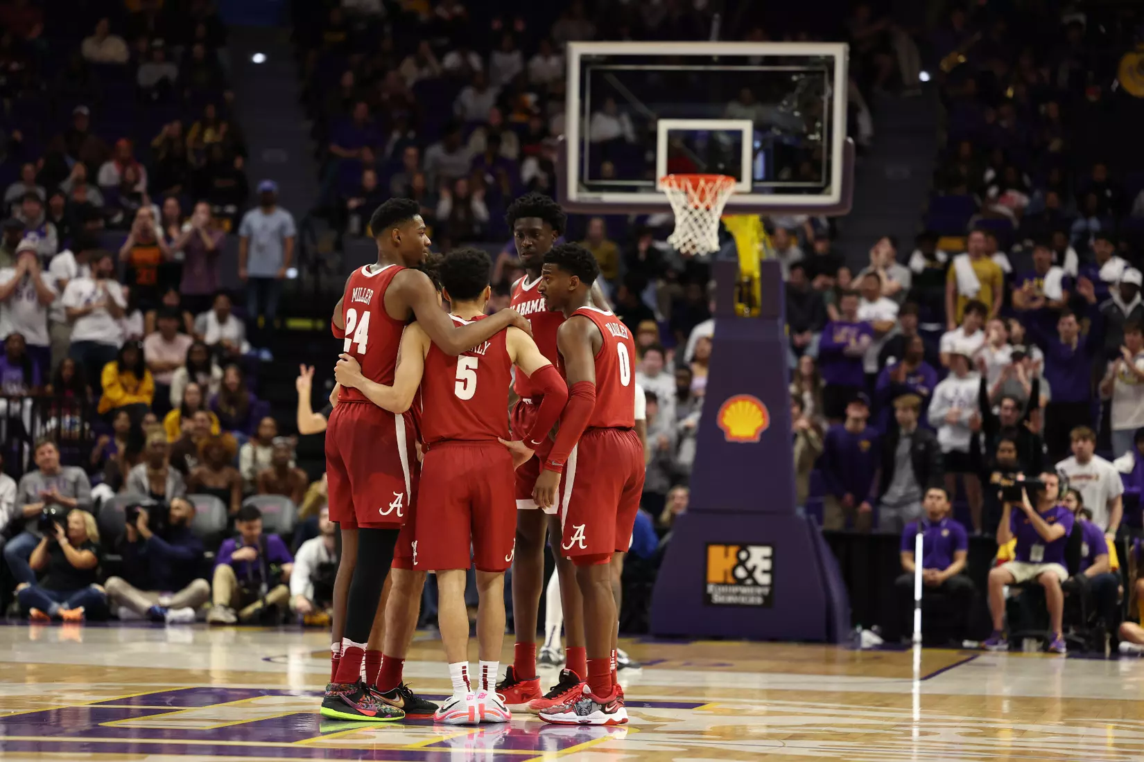 Team talks against LSU at Pete Maravich Center in Tuscaloosa, AL on Saturday, Feb 4, 2023.