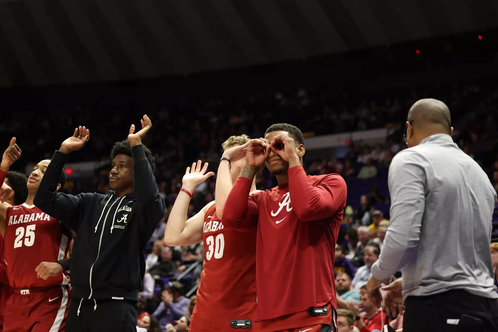 Team reacts against LSU at Pete Maravich Center in Tuscaloosa, AL on Saturday, Feb 4, 2023.