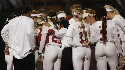 Alabama softball team huddle at Texas (March 10, 2023)