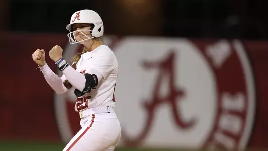 Jordan Stephens celebrates at second base after driving in two runs vs. Robert Morris (March 3, 2023)