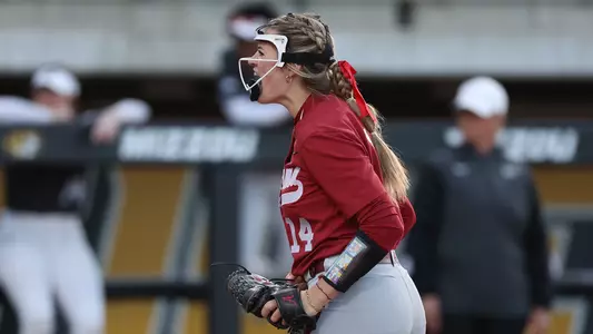 Montana Fouts celebrates an inning-ending strikeout at Missouri (April 1, 2023)