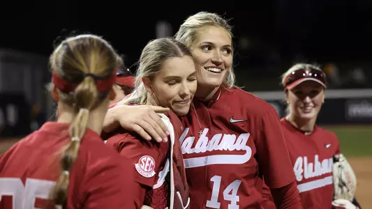 Montana Fouts and Ally Shipman hug postgame vs. Missouri (April 1, 2023)
