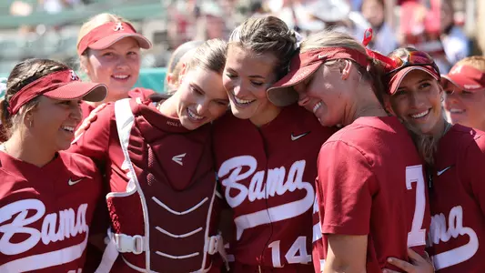 Montana Fouts hugs her teammates after watching the pregame senior day video vs. Auburn (April 22, 2023)