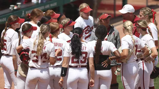 Alabama softball team huddle vs. Auburn (April 23, 2023)