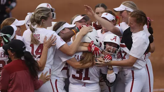 Alabama softball celebrates a walk-off RBI single from Kenleigh Cahalan vs. South Carolina (April 6, 2023)