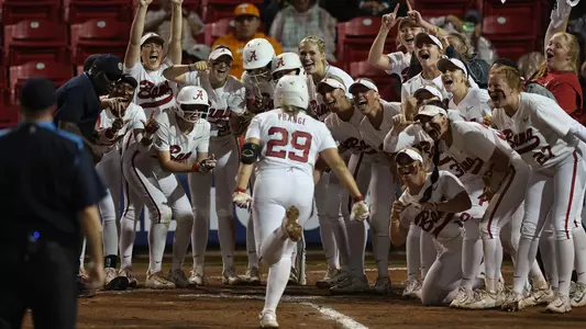 Ashley Prange celebrates a home run vs. Missouri at the SEC Tournament (May 10, 2023)