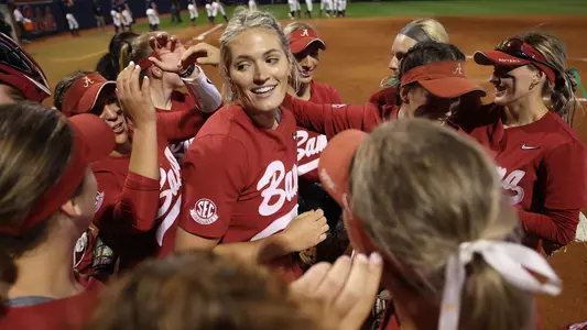 Montana Fouts celebrates after throwing a perfect game vs. Ole Miss (May 5, 2023)