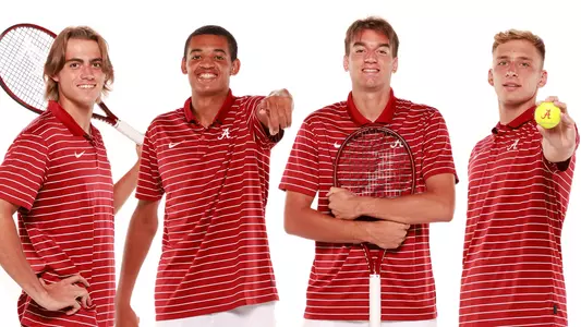 Men's Tennis- Zach Foster, Enzo Aguiard, Filip Planinsek and German Samofalov on white screen