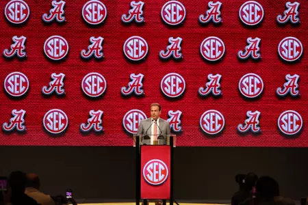 Alabama Head Coach Nick Saban during interviews during SEC Media Day at Grand Hyatt in Nashville, TN on Wednesday, Jul 19, 2023.