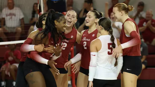 Alabama volleyball players celebrate after a point vs. Mercer (Aug. 26, 2023)