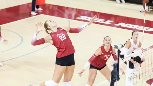 Alabama volleyball player Kyla Dunaway jumps for the ball.