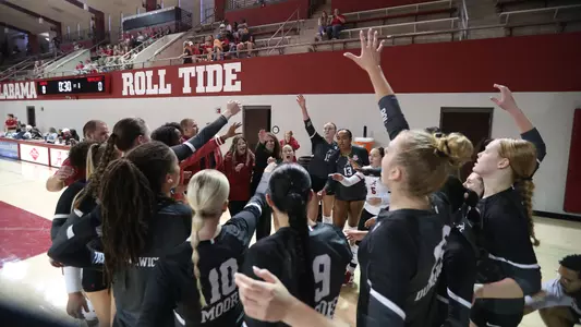 Alabama volleyball team breaks huddle after a timeout vs. Grambling State (Sept. 16, 2023)