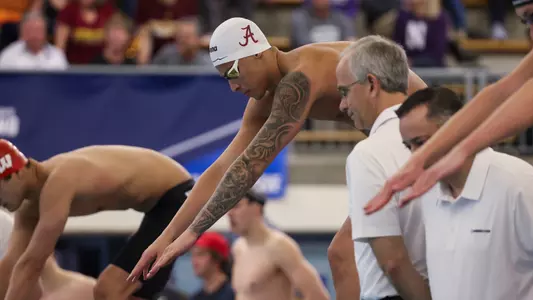 Alabama swimmer Kaique Alves on the starting blocks during NCAA National Championships at Jean K Freeman Aquatic Center in Minneapolis, MN on Friday, Mar 24, 2023.