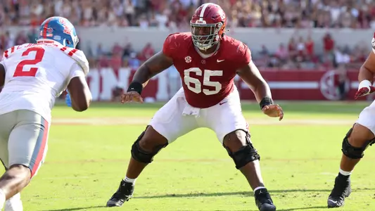 9/23/23 MFB Alabama vs Ole Miss
Alabama offensive lineman JC Latham (65)
Photo by Jeff Hanson