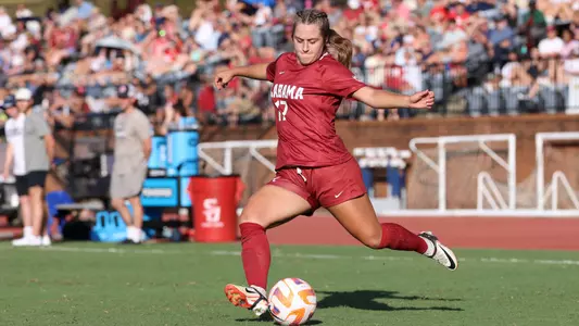 Alabama soccer player Kate Henderson (17) kicks the ball against Samford at Samford Track and Soccer Stadium in Birmingham, AL on Sunday, Sep 3, 2023.