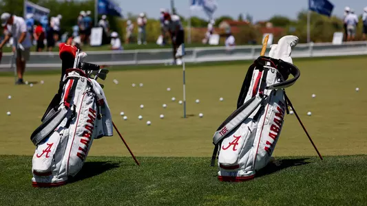 Two golf bags printed with a script A and Alabama sitting on the grass with golf balls scattered behind them