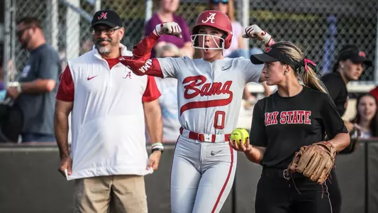 Brooke Ellestad (0) flexes at third base after a triple vs. Jacksonville State (Oct. 27, 2024)