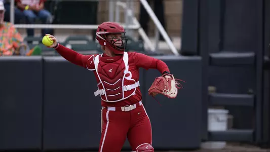 Alabama softball player Emma Broadfoot catches the ball.