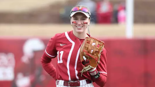 Alabama softball player Larissa Preuitt in the outfield against St. Thomas.